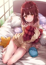 Rule 34 | 1girl, ahoge, alt (ctrldel), arm support, atelier (series), atelier sophie, bare legs, bare shoulders, bedroom, blush, braid, brown eyes, brown hair, closed mouth, collarbone, commentary request, dress, full body, hair ornament, highres, holding, holding pillow, indoors, looking at viewer, medium hair, off-shoulder, off-shoulder sweater, off shoulder, on bed, pillow, ribbed sweater, side braid, sitting, sleeves past wrists, smile, solo, sophie neuenmuller, star-shaped pillow, sweater, sweater dress, window, yellow sweater