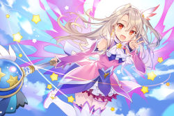Rule 34 | 1girl, :d, bad id, bad pixiv id, blonde hair, blue sky, boots, cloud, commentary request, detached sleeves, dress, earrings, energy wings, fate/kaleid liner prisma illya, fate (series), flying, hair between eyes, hair ornament, illyasviel von einzbern, jewelry, long hair, looking at viewer, magical girl, multicolored clothes, multicolored dress, one side up, open mouth, prisma illya (zwei form), red eyes, rie (reverie), sky, smile, solo, star (symbol), star earrings, thigh boots, thighhighs, v, wand, white footwear