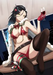 Rule 34 | alcohol, bikini, black thighhighs, christmas, christmas ornaments, cup, drinking glass, food-themed hair ornament, girls&#039; frontline, hair between eyes, hair ornament, hakugin006, highres, holstered, mole, mole under eye, python (girls&#039; frontline), python (hunting time) (girls&#039; frontline), red bikini, solo, swimsuit, thighhighs, wine, wine glass