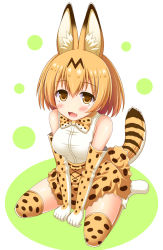 Rule 34 | 10s, 1girl, animal ears, bare shoulders, blonde hair, blush, bow, cat ears, cat tail, clenched hands, elbow gloves, fang, full body, gloves, kemono friends, looking at viewer, md5 mismatch, nagana sayui, open mouth, serval (kemono friends), serval print, serval tail, short hair, simple background, sitting, sleeveless, smile, tail, thighhighs, v arms, wariza, white background, yellow eyes
