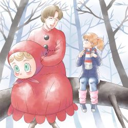 Rule 34 | 1boy, 1girl, aida kensuke, blue eyes, brown hair, closed eyes, coat, cosplay, crying, day, doll, evangelion: 3.0+1.0 thrice upon a time, forest, full body, laughing, looking at another, masago ksb, nature, neon genesis evangelion, open mouth, rebuild of evangelion, scarf, sitting, smile, souryuu asuka langley, tears, tree, twintails