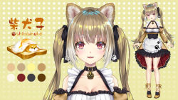 Rule 34 | 1girl, :d, animal ear fluff, animal ears, apron, black bow, black choker, bow, bread slice, breasts, brown background, brown dress, brown footwear, brown hair, choker, clara v, cleavage, color guide, commentary request, dog ears, dress, egg (food), food, fried egg, frilled apron, frilled dress, frills, hair bow, long hair, long sleeves, medium breasts, multiple views, open mouth, original, polka dot, polka dot background, puffy long sleeves, puffy sleeves, red eyes, shiba inu, shoes, short eyebrows, smile, standing, thick eyebrows, toast, twintails, upper body, very long hair, virtual youtuber, waist apron, white apron