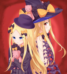 Rule 34 | 2girls, abigail williams (fate), abigail williams (second ascension) (fate), black bow, black dress, black hat, black panties, blonde hair, blue eyes, blush, bow, bug, butterfly, commentary request, dress, dual persona, fate/grand order, fate (series), forehead, hair bow, hat, hat bow, highres, hugging object, insect, keyhole, long hair, long sleeves, looking at viewer, looking back, multiple girls, orange bow, panties, parted bangs, parted lips, polka dot, polka dot bow, red background, red eyes, revealing clothes, roido (taniko-t-1218), sleeves past fingers, sleeves past wrists, stuffed animal, stuffed toy, teddy bear, topless, underwear, very long hair, witch hat
