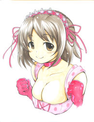 Rule 34 | 10s, 1girl, airunion, blush, breasts, brown eyes, brown hair, cleavage, clenched hands, collarbone, gloves, hairband, idolmaster, idolmaster cinderella girls, large breasts, marker (medium), mimura kanako, polka dot, ribbon, shikishi, smile, solo, traditional media