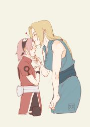 Rule 34 | 2girls, behindxa, blonde hair, blush, closed mouth, closed eyes, kissing forehead, hairband, haruno sakura, heart, height difference, highres, kiss, kissing forehead, multiple girls, naruto, naruto (series), pink hair, short sleeves, simple background, sleeveless, symbol-only commentary, tsunade (naruto)