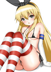 Rule 34 | 1girl, arm support, bare shoulders, bikini, black bikini, blonde hair, breasts, cleft of venus, elbow gloves, female focus, gloves, hair between eyes, hairband, kantai collection, knees up, leaning back, long hair, looking at viewer, micro bikini, open mouth, partially visible vulva, red thighhighs, shimakaze (kancolle), side-tie bikini bottom, simple background, sitting, small breasts, solo, striped clothes, striped thighhighs, swimsuit, thighhighs, thong bikini, toshishikisai, wedgie, white background, white gloves, white thighhighs