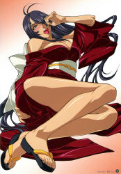 Rule 34 | 00s, 1girl, absurdres, ass, bare legs, bare shoulders, black hair, blush, breasts, cherry, cleavage, eating, feet, female focus, food, fruit, full body, geta, gradient background, hair over one eye, highres, ikkitousen, ikkitousen great guardians, japanese clothes, kan&#039;u unchou, kimono, kuroishi ringo, large breasts, legs, long hair, looking at viewer, lying, medium breasts, no bra, obi, off shoulder, official art, open mouth, page number, sandals, sash, shiny skin, simple background, solo, thighs, toenails, toes, tongue, traditional clothes, very long hair, yukata