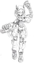 Rule 34 | 1girl, absurdres, android, arm up, arrow (symbol), cable, dot mouth, full body, greyscale, highres, holding, holding weapon, joints, medium hair, monochrome, navel, original, robot girl, robot joints, simple background, sketch, solo, traditional media, umiwashi, weapon