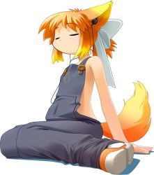 Rule 34 | 1girl, animal ears, arm support, blonde hair, bow, buttons, child, closed eyes, earbuds, earphones, flat chest, fox ears, fox tail, from side, full body, gradient hair, hair bow, hair ribbon, kitsupon, lolifox, mozilla firefox, multicolored hair, naked overalls, orange hair, os-tan, overalls, personification, ponytail, ribbon, shadow, shoes, short hair, sitting, sneakers, solo, tail, transparent background, wariza