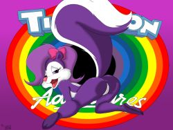 Rule 34 | 1girl, anus, ass, blue sclera, bow, colored sclera, come hither, fifi la fume, from behind, furry, furry female, hair bow, hair over one eye, hsk, looking at viewer, naughty face, open mouth, purple eyes, purple hair, seductive smile, short hair, skunk, skunkgirl, smile, solo, tail, tiny toon adventures, tongue