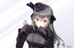 Rule 34 | 10s, 1girl, bird, bird on hand, breasts, framed breasts, gloves, gothic lolita, hair down, hat, i.f.s.f, idolmaster, idolmaster cinderella girls, idolmaster cinderella girls starlight stage, kanzaki ranko, lolita fashion, long hair, looking at viewer, mini hat, red eyes, silver hair, solo, twitter username, upper body