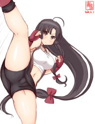 Rule 34 | 1girl, ahoge, artist logo, bike shorts, black hair, black shorts, black skirt, breasts, brown eyes, cameltoe, cleft of venus, commentary request, cosplay, dated, elbow gloves, elbow pads, final fantasy, final fantasy vii, fingerless gloves, gloves, high kick, highres, kanon (kurogane knights), kantai collection, kicking, large breasts, long hair, look-alike, looking at viewer, low-tied long hair, pencil skirt, red gloves, shirt, shorts, shorts under skirt, shouhou (kancolle), simple background, skirt, solo, suspender skirt, suspenders, tank top, taut clothes, taut shirt, tifa lockhart, tifa lockhart (cosplay), very long hair, white background, white tank top