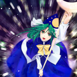Rule 34 | 1girl, bad id, bad pixiv id, bow, capelet, danmaku, female focus, from above, green eyes, green hair, hat, long hair, matching hair/eyes, mima (touhou), motion blur, open mouth, robe, solo, staff, touhou, touhou (pc-98), wizard hat, yukian