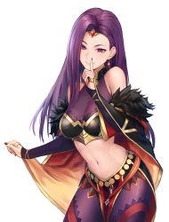 Rule 34 | 1girl, absurdres, alaskastomatoez, bare shoulders, breasts, bridal gauntlets, circlet, cleavage, commission, earrings, fire emblem, fire emblem echoes: shadows of valentia, fire emblem heroes, highres, jewelry, large breasts, long hair, midriff, nail polish, navel, nintendo, official alternate costume, pixiv commission, purple eyes, purple hair, purple nails, see-through, simple background, skin tight, smile, solo, sonya (fire emblem gaiden), white background