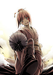 Rule 34 | 1girl, blood, blood on face, blue eyes, boots, crazy, crazy eyes, from below, gintama, hair bun, hair ornament, hairpin, japanese clothes, kagura (gintama), kimono, looking at viewer, open mouth, orange hair, pov, single hair bun, solo, striped clothes, striped thighhighs, thighhighs, umbrella, winniconan, yandere