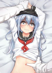 Rule 34 | 10s, 1boy, 1girl, absurdres, admiral (kancolle), anchor symbol, bed sheet, blue eyes, blue hair, blush, clenched teeth, collarbone, crying, crying with eyes open, eyebrows, flat cap, gloves, hat, head tilt, hibiki (kancolle), highres, imminent rape, jack dempa, kantai collection, long hair, looking at viewer, lying, military, military uniform, naval uniform, navel, neckerchief, on back, pinned, restrained, sailor collar, scared, solo focus, spread navel, tears, teeth, uniform, white gloves, wide-eyed