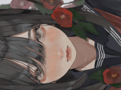Rule 34 | 1girl, black sailor collar, black serafuku, black shirt, brown eyes, brown hair, camellia, close-up, closed mouth, commentary request, flower, highres, leaf, long hair, looking at viewer, original, red flower, red lips, sailor collar, school uniform, serafuku, shirt, solo, upper body, yudouhu (yudouhu yu 102)