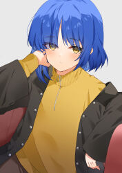 Rule 34 | 1girl, absurdres, black jacket, blue hair, blush, bocchi the rock!, closed mouth, commentary request, grey background, hair over one eye, highres, jacket, long sleeves, mole, mole under eye, open clothes, open jacket, puffy long sleeves, puffy sleeves, shirt, simple background, sleeves past wrists, solo, sutei (arece15), yamada ryo, yellow eyes, yellow shirt