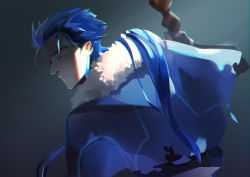 Rule 34 | 1boy, blue hair, capelet, closed mouth, cu chulainn (fate), cu chulainn (caster) (fate), earrings, expressionless, fate/grand order, fate (series), from side, fur-trimmed hood, fur trim, holding, holding staff, hood, hood down, hooded capelet, jewelry, cu chulainn (fate/stay night), long hair, male focus, matako (a27705197), red eyes, solo, spiked hair, staff, type-moon
