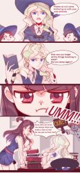Rule 34 | 10s, 4koma, angry, barbara parker, book, comic, diana cavendish, english text, engrish text, closed eyes, half-closed eyes, hannah england, hat, highres, kagari atsuko, library, little witch academia, milk puppy, pout, ranguage, smile, smirk, speech bubble, tears, text focus, wavy mouth, witch hat