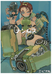 Rule 34 | 1girl, against wall, ahoge, android, arm cannon, blue eyes, bodysuit, brown hair, cable, cameltoe, cyborg, ebimomo, hairband, hand on own stomach, jetpack, joints, knees apart feet together, looking at viewer, mecha, mechanical legs, original, painttool sai, robot, robot joints, science fiction, short hair, sitting, solo, taut clothes, translation request, weapon
