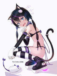 Rule 34 | 1girl, angry, animal ears, animal hands, bikini, black hair, blue eyes, cat ears, cat tail, collar, detached sleeves, fangs, full body, gloves, hair ribbon, highres, liclac, looking at viewer, multicolored hair, navel, open mouth, original, paw gloves, purple hair, ribbon, solo, striped clothes, striped legwear, striped thighhighs, swimsuit, tail, thighhighs, two-tone hair, white background