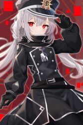Rule 34 | 1girl, absurdres, belt, black belt, black gloves, black hat, buttons, double-breasted, double-parted bangs, duel monster, fs (sdamsd21321), gloves, grey hair, hair between eyes, hand up, hat, highres, holding, holding clothes, holding hat, long hair, long sleeves, looking at viewer, low twintails, military uniform, peaked cap, puffy long sleeves, puffy sleeves, red background, red eyes, silver trim, sky striker ace - roze, solo, twintails, uniform, yu-gi-oh!