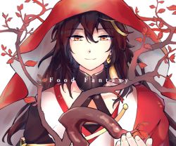 Rule 34 | 1boy, black hair, cane, chinese clothes, copyright name, earrings, food fantasy, jewelry, long hair, male focus, red eyes, single earring, smile, solo, wuyi da hong pao (food fantasy)