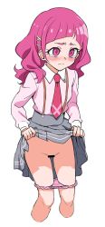 Rule 34 | 1girl, bangs, bar censor, bare legs, blunt bangs, blush, censored, collared shirt, cowboy shot, cropped legs, embarrassed, empty eyes, frown, grey skirt, hair ornament, hugtto! precure, l&#039;avenir academy uniform, long hair, long sleeves, looking to the side, necktie, nono hana, panties, panty pull, pink eyes, pink hair, pink neckwear, pink panties, pink shirt, precure, school uniform, shadow, shirt, simple background, skirt, skirt lift, solo, suspenders, tearing up, underwear, white background, white stripes, x hair ornament, yoban
