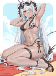 Rule 34 | 1girl, armpits, arms up, bikini, black bikini, black choker, black footwear, black gloves, blue archive, blush, breasts, choker, cleavage, closed mouth, commentary request, eyewear on head, fangxiang cuoluan, feet, full body, gloves, grey hair, hair ornament, hair over one eye, halo, highres, iori (blue archive), iori (swimsuit) (blue archive), legs, long hair, looking at viewer, medium breasts, navel, official alternate costume, one eye covered, outdoors, purple halo, red eyes, sandals, side-tie bikini bottom, solo, stomach, sunglasses, swimsuit, tail, thigh strap, thighs, toenails, toes, twintails, underboob