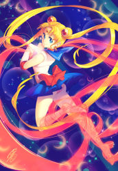 Rule 34 | 1990s (style), 1girl, bishoujo senshi sailor moon, blonde hair, blue background, blue eyes, blue sailor collar, blue skirt, bow, choker, double bun, earrings, elbow gloves, full body, gina chacon, gloves, hair ornament, hairpin, henshin, jewelry, leotard, long hair, looking back, magical girl, miniskirt, panties, pink panties, pleated skirt, red bow, retro artstyle, ribbon, sailor collar, sailor moon, skirt, smile, solo, tiara, transformation, tsukino usagi, twintails, underwear, very long hair, white gloves