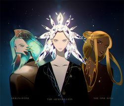 Rule 34 | androgynous, arkenstone, beard, blonde hair, crossover, crystal hair, dark skin, facial hair, fusion, gender request, green hair, houseki no kuni, tolkien&#039;s legendarium, long hair, looking at viewer, personification, silver hair, the hobbit, the lord of the rings, the one ring, the silmarillion, upper body