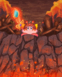 Rule 34 | copy ability, embers, fire, frown, glowing, glowing sword, glowing weapon, helmet, highres, kirby, kirby: star allies, kirby (series), kirby and the forgotten land, looking to the side, miclot, lava, morpho knight, nintendo, red sky, sky, sparkle, spoilers, sword, sword kirby, torch, volcano, weapon