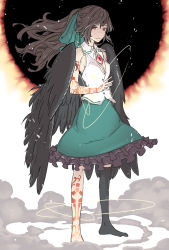 Rule 34 | 1girl, adapted costume, alternate hairstyle, arm at side, arm tattoo, armpit peek, asymmetrical legwear, atom, bare shoulders, barefoot, bird wings, black socks, black wings, bow, breasts, brown hair, buttons, closed mouth, collared vest, dust, eclipse, expressionless, floating hair, frilled skirt, frills, full body, glowing, glowing tattoo, green bow, green skirt, hair bow, hand up, high ponytail, highres, huge bow, kawayabug, kneehighs, leg tattoo, long hair, looking at viewer, low-cut, medium skirt, no bra, no shoes, ponytail, radiation symbol, red eyes, reiuji utsuho, single kneehigh, single sock, single thighhigh, skirt, socks, solar eclipse, solo, tattoo, thighhighs, third eye, touhou, uneven legwear, very long hair, vest, white vest, wings