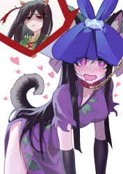 Rule 34 | 2girls, absurdres, ailu elf, animal collar, animal ears, black gloves, black hair, blush, chain, china dress, chinese clothes, collar, dog ears, dog tail, dress, drooling, flower, flower on head, gloves, green shirt, heart, heart-shaped pupils, highres, horns, leaf print, long hair, mouth drool, multiple girls, nippaku zanmu, oni horns, open mouth, purple dress, purple eyes, purple flower, red eyes, shaded face, shirt, simple background, sketch, smile, symbol-shaped pupils, tail, touhou, white background, yellow horns, yomotsu hisami