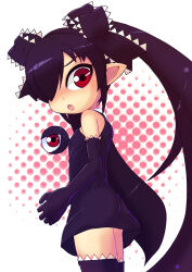 Rule 34 | 1girl, :o, backbeako (torotei), backbeard, birthday, black dress, black gloves, black hair, black ribbon, black thighhighs, blush, breasts, commentary request, dress, elbow gloves, from side, gegege no kitarou, gloves, hair over one eye, hair ribbon, long hair, looking at viewer, looking to the side, open mouth, original, pointy ears, red eyes, ribbon, ringed eyes, simple background, sleeveless, sleeveless dress, small breasts, solo, thighhighs, torotei, twintails, very long hair