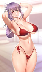 Rule 34 | 1girl, adjusting hair, armpits, arms up, bikini, braid, braided ponytail, breasts, cleavage, collarbone, curvy, fate/grand order, fate (series), florence nightingale (fate), gloves, has bad revision, has downscaled revision, highleg, highleg bikini, highres, huge breasts, legs together, lips, long hair, looking at viewer, md5 mismatch, navel, purple hair, red bikini, red eyes, resolution mismatch, side-tie bikini bottom, single braid, smile, solo, source smaller, standing, stomach, swimsuit, thick thighs, thighs, underboob, undersized clothes, white gloves, zucchini