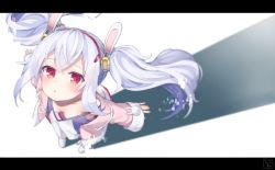 Rule 34 | 1girl, :o, animal ears, azur lane, blush, breasts, camisole, commentary request, downblouse, fingernails, from above, fur-trimmed jacket, fur trim, hair between eyes, hair ornament, hairband, jacket, kokone (coconeeeco), laffey (azur lane), letterboxed, long sleeves, looking at viewer, looking up, off shoulder, open clothes, open jacket, parted lips, pink jacket, pleated skirt, rabbit ears, red eyes, red hairband, red skirt, shoes, silver hair, skirt, sleeves past wrists, small breasts, solo, standing, twintails, white camisole, white footwear, wide sleeves