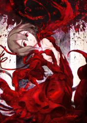 Rule 34 | 1girl, blood, blood on wall, blood splatter, brown hair, chikashige, claws, dress, hair between eyes, living clothes, looking at viewer, parted lips, pink lips, red dress, red eyes, red theme, sidonia no kishi, signature, solo