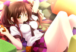 Rule 34 | 1girl, alternate eye color, biting, breasts, brown hair, cellphone, checkered clothes, checkered skirt, female focus, hair ribbon, himekaidou hatate, impossible clothes, impossible shirt, long hair, looking at viewer, lying, mouth hold, necktie, no headwear, on back, phone, pillow, pouch, ribbon, ribbon in mouth, shirt, skirt, smile, solo, sui. (ayase), touhou, twintails, yellow eyes