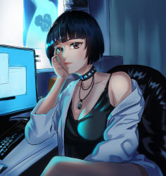 Rule 34 | 1girl, black hair, breasts, brown eyes, choker, cleavage, coat, hand on own face, highres, korean commentary, looking at viewer, medium breasts, narcur, off-shoulder coat, off shoulder, persona, persona 5, short hair, sitting, solo, spiked choker, spikes, takemi tae