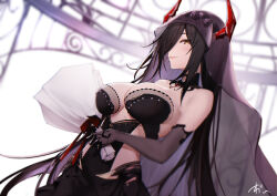 Rule 34 | 1girl, azur lane, bare shoulders, black dress, black gloves, black hair, black veil, bouquet, breasts, bridal veil, cleavage, dress, elbow gloves, flower, friedrich der grosse (azur lane), friedrich der grosse (zeremonie of the cradle) (azur lane), from below, gloves, hair over one eye, highres, holding, holding bouquet, horns, large breasts, long hair, looking at viewer, mechanical horns, official alternate costume, oregano (olgn eao), red horns, solo, veil, very long hair, wedding dress, yellow eyes