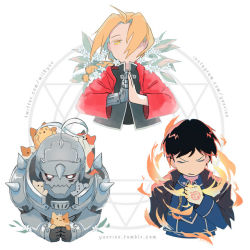 Rule 34 | 3boys, alphonse elric, amestris military uniform, animal, armor, artist name, automail, black coat, black hair, blonde hair, braid, cat, chibi, coat, commentary, edward elric, english commentary, expressionless, closed eyes, fire, flower, frown, fullmetal alchemist, gloves, hair over one eye, hand on own chest, holding, holding animal, holding cat, instagram username, male focus, military, military uniform, multiple boys, orange cat, own hands together, red coat, roy mustang, simple background, too many, too many cats, tumblr username, twitter username, uniform, upper body, white background, white cat, white flower, white gloves, yuerise