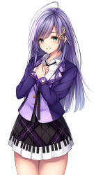 Rule 34 | 1girl, ahoge, black skirt, blazer, blush, collared shirt, commentary request, copyright request, cowboy shot, fortissimo, green eyes, hair ornament, hands up, highres, indie virtual youtuber, jacket, long hair, long sleeves, looking at viewer, musical note, musical note hair ornament, own hands together, parted lips, piano print, plaid, plaid skirt, pleated skirt, purple hair, purple jacket, school uniform, shirt, simple background, skirt, solo, treble clef, very long hair, virtual youtuber, white background, white shirt, ym (distance819)