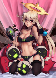 Rule 34 | 1girl, ahoge, arc system works, black panties, black thighhighs, blonde hair, bow, bow bra, bow panties, bra, breasts, candy, cleavage, spiked halo, eyelashes, food, full body, girl on top, gloves, glowing, guilty gear, guilty gear xrd, hair between eyes, half-closed eyes, halo, head tilt, highres, indoors, its just suppi, jack-o&#039; valentine, kneeling, lace, lace-trimmed bra, lace-trimmed panties, lace trim, large breasts, leaning to the side, lollipop, long hair, looking at viewer, mask, minion (guilty gear), multicolored hair, panties, pillow, red eyes, red hair, robot, smile, solo, stomach, straddling, thick eyebrows, thighhighs, two-tone hair, underwear, underwear only, unworn mask, v-shaped eyebrows, white hair, wide-eyed, wide hips, | |