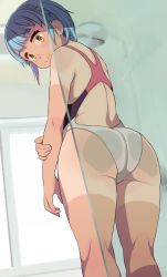 Rule 34 | 1girl, against glass, ass, ass on glass, ass press, blue hair, feet out of frame, from behind, highres, kneepits, looking at viewer, looking back, neyuki rei, one-piece swimsuit, original, short hair, shower (place), smile, solo, swimsuit, tan, tanline, yellow eyes