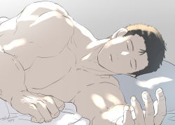 Rule 34 | 1boy, artist name, brown hair, clenched hand, closed eyes, collarbone, facing viewer, gradient background, kanzaki kyoudai no nichijou, kanzaki rikurou, locksuke, male focus, morning, muscular, muscular male, on bed, open mouth, outstretched arm, pillow, pov across bed, sleeping, solo, topless male, under covers