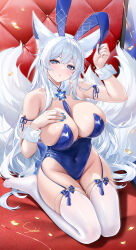 1girl absurdres animal_ear_fluff animal_ears artist_name azur_lane blue_eyes blue_leotard blue_nails blush breasts chinese_commentary commentary_request confetti covered_navel detached_collar double-parted_bangs fake_animal_ears fingernails fox_ears fox_girl fox_tail garter_straps gluteal_fold hair_between_eyes hand_on_own_chest highleg highleg_leotard highres huge_breasts kitsune large_tail leotard long_fingernails long_hair looking_at_viewer mole mole_under_eye multiple_tails nail_polish no_shoes official_alternate_costume parted_lips playboy_bunny rabbit_ears seiza shinano_(azur_lane) shinano_(visions_of_fantasy)_(azur_lane) shiny_clothes signature sitting skindentation solo stardust_(chen&#039;ai_weiding) strapless strapless_leotard tail teeth thigh_gap thighhighs very_long_hair white_hair white_tail white_thighhighs white_wrist_cuffs wrist_cuffs