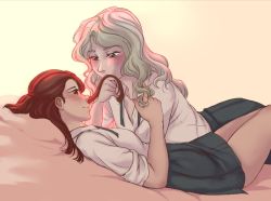 Rule 34 | 2girls, bed, blush, breasts, collarbone, collared shirt, couple, diana cavendish, eye contact, kissing hair, hair ornament, happy, kagari atsuko, little witch academia, long hair, looking at another, lying, multicolored hair, multiple girls, murasaki-yuri, neck, neck ribbon, ribbon, school uniform, shirt, simple background, skirt, smile, thighs, two-tone background, two-tone hair, uniform, wavy hair, white shirt, yuri
