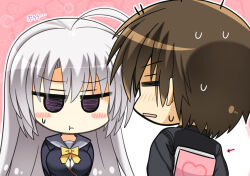 Rule 34 | 1boy, 1girl, :t, = =, ahoge, angry, arms behind back, arrow (symbol), ayachi nene, black jacket, blush, blush stickers, book, bow, breasts, brown hair, chibi, closed eyes, closed mouth, commentary, couple, embarrassed, eyes visible through hair, grey hair, grey sailor collar, hair between eyes, heart, hetero, holding, holding book, hoshina shuuji, jacket, jitome, large breasts, long hair, long sleeves, looking at another, nervous sweating, open mouth, pink background, plumtea an, pout, purple eyes, sailor collar, sanoba witch, school uniform, short hair, simple background, straight hair, sweat, sweatdrop, translated, two-tone background, upper body, v-shaped eyebrows, very long hair, white background, yellow bow